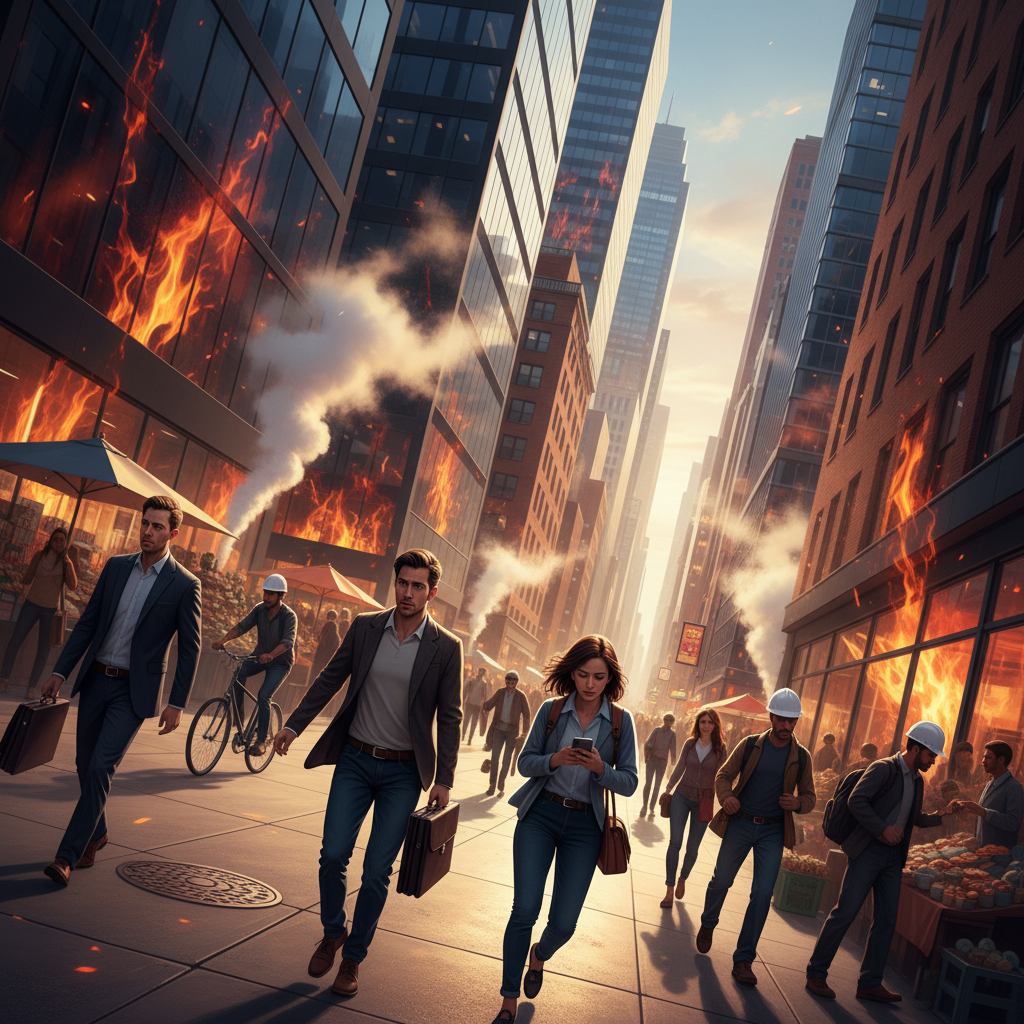 A modern urban setting with diverse people, some looking stressed, others busy. Elements of fire or steam subtly integrated into the background, symbolizing the "fiery" life. Natural lighting, vibrant city colors. No text. Style: lifestyle photography with artistic flair.