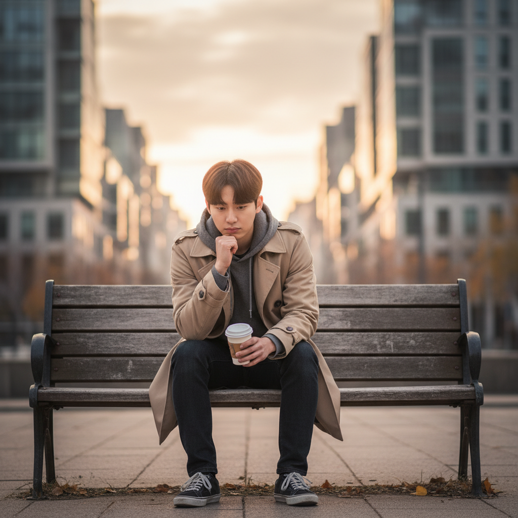 A Korean young person sitting alone on a park bench, looking thoughtful with a subtle expression of concern. The background features blurred city buildings and a warm, slightly overcast sky. Natural light. No text.