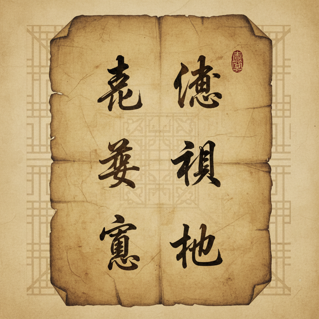 Traditional Korean calligraphy artwork displaying classical Chinese characters on aged parchment paper, elegant brush strokes, cultural heritage atmosphere, warm sepia tones, textured background with subtle traditional patterns, artistic rendering style, centered focus, no text overlay