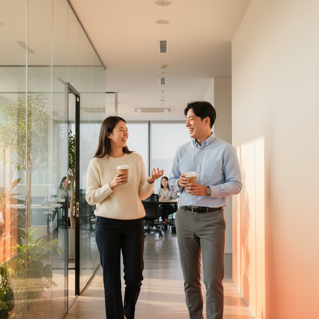 Two Korean coworkers holding coffee cups in modern office hallway, casual friendly interaction, bright corridor with glass walls and green plants, warm afternoon lighting, gradient orange and cream background, natural expressions and body language, lifestyle photography