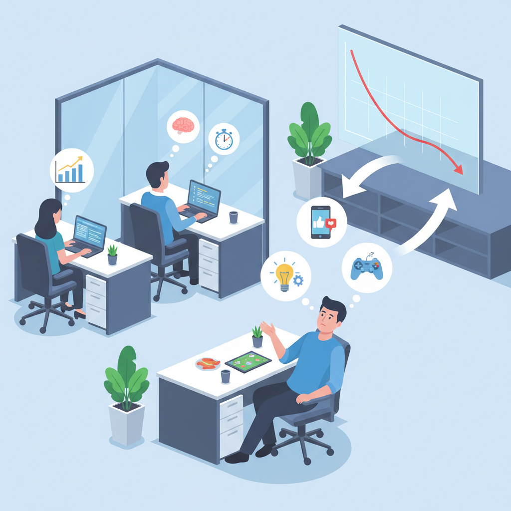 An infographic showing a modern office environment with several Korean workers. One worker is depicted with thought bubbles showing minimal effort or distractions, while others have thought bubbles showing productive work. Arrows point to a declining efficiency graph in the background. Clean infographic style. No text.