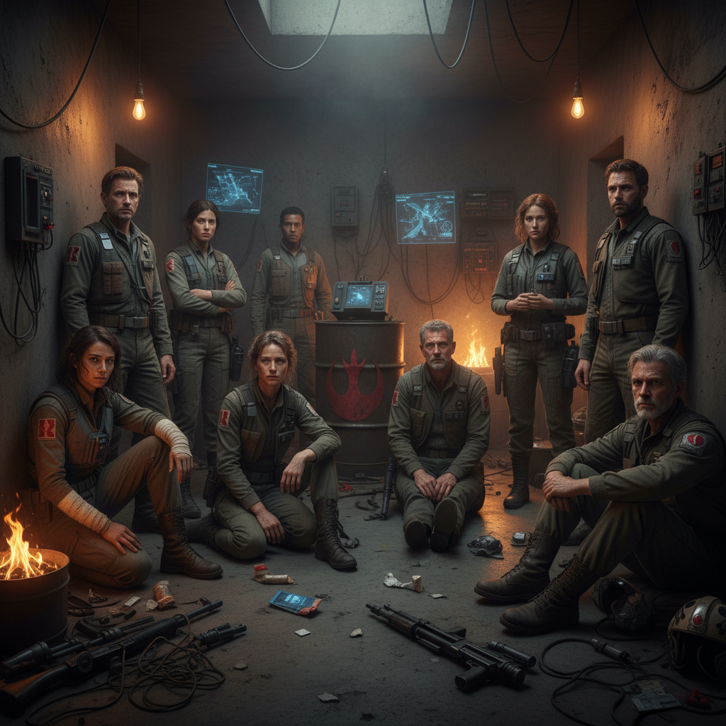 A group of diverse Rebel Alliance members, appearing weary and desperate, gathered in a dimly lit underground bunker. There's a palpable sense of struggle and lack of direction, suggesting a significant defeat or absence of a key leader. The style is cinematic, with natural, somber lighting and a textured, concrete background. No visible text.