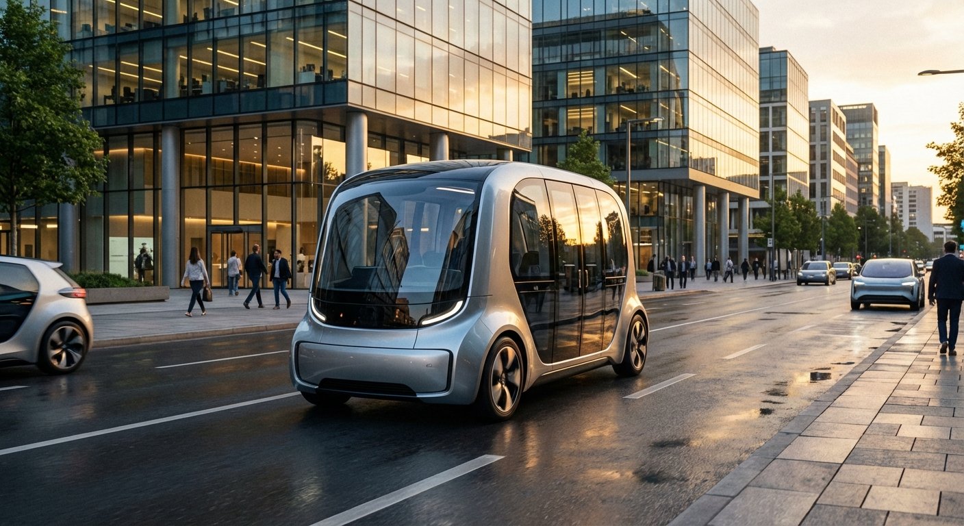 A sleek self-driving robotaxi navigating a modern city street at dusk, golden hour lighting, clean urban environment, high resolution photography, no text