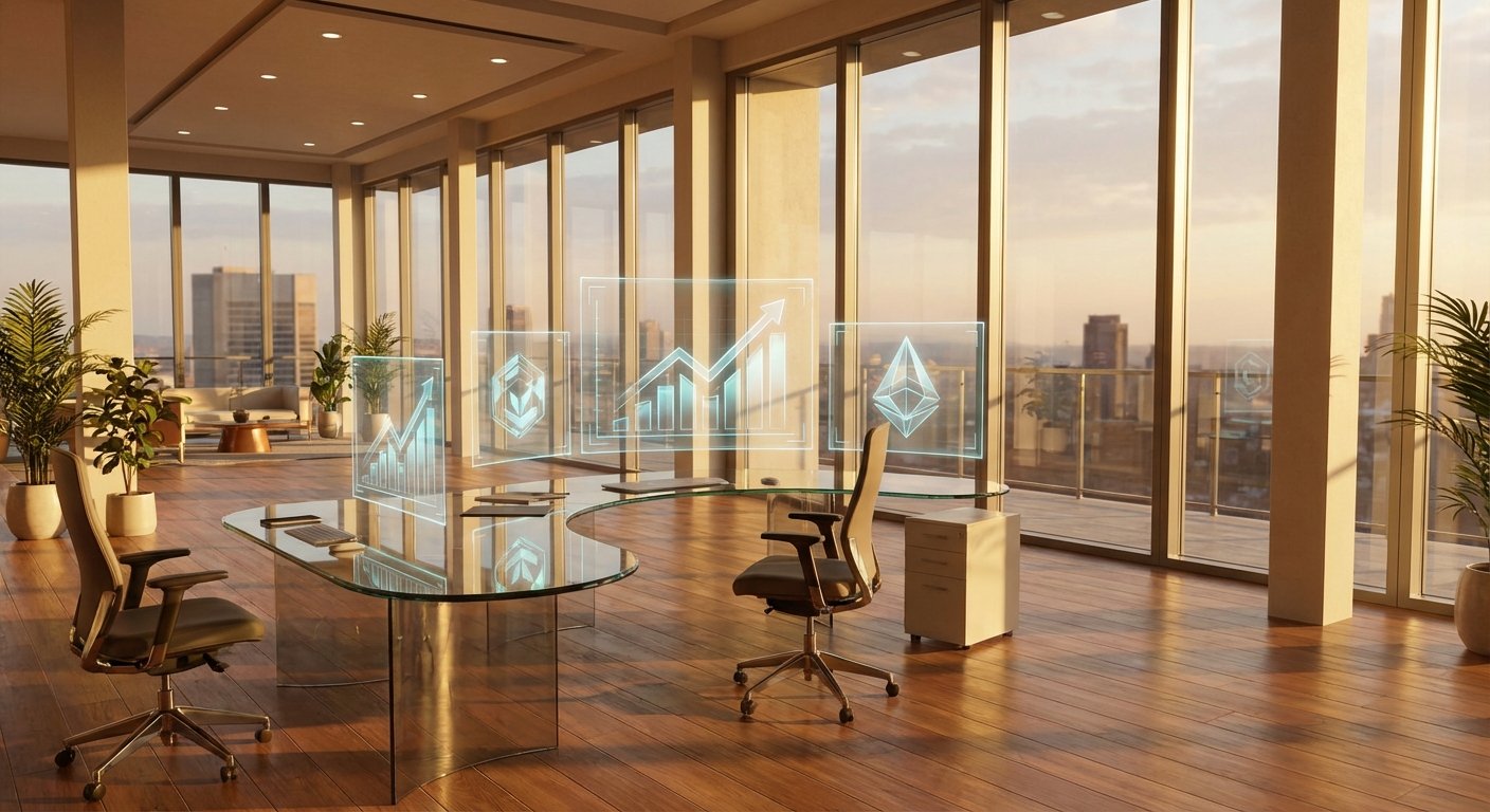 A professional workspace showing futuristic tech company logos and growth charts, warm natural lighting, modern office aesthetic, high quality rendering, no text