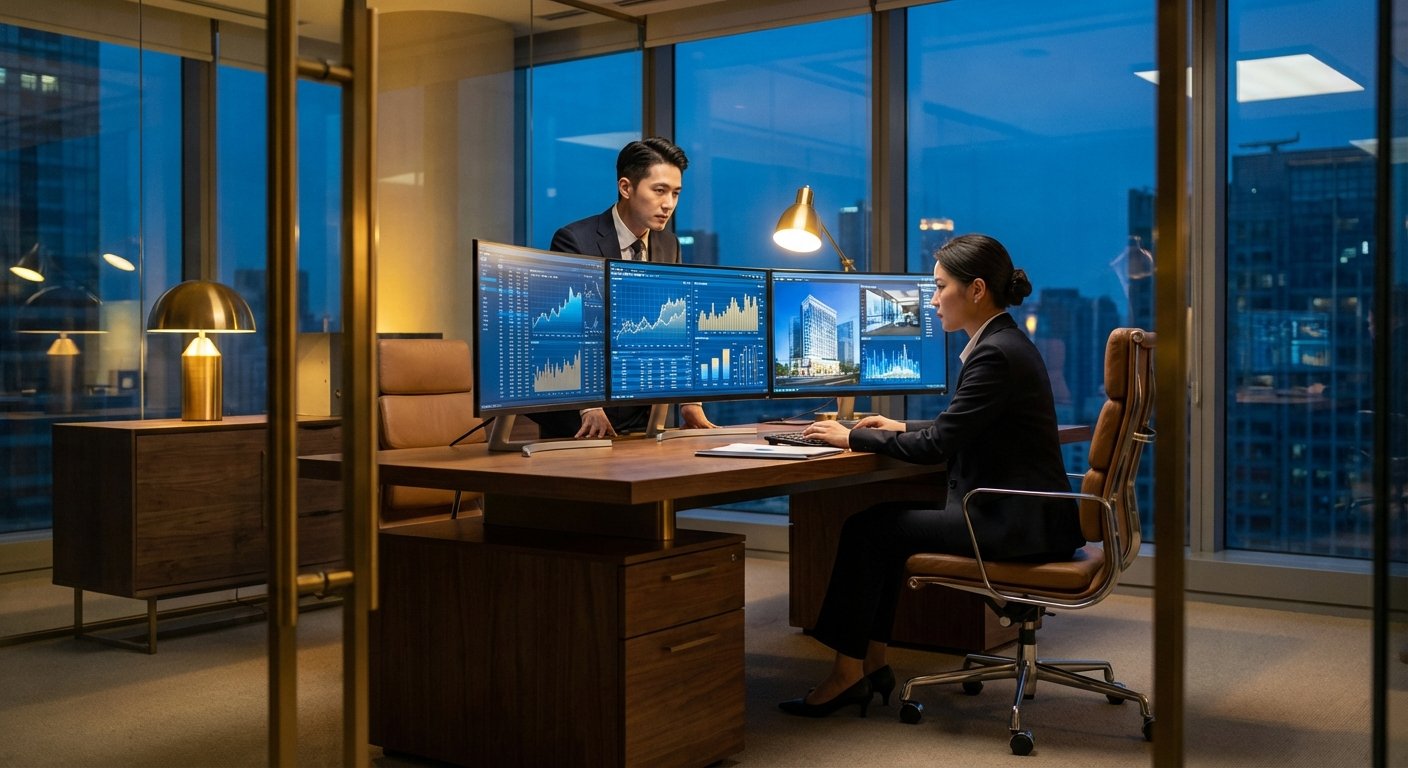 A professional financial analysis scene in a modern office, two Korean financial analysts looking at screens with charts, high contrast, warm lighting, blue and gold color scheme, no text