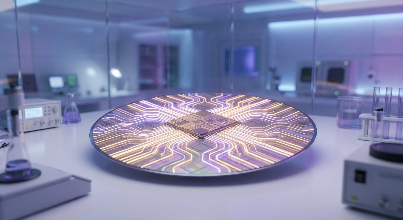 A close-up of a high-tech semiconductor chip and glowing circuits, golden and purple lighting, futuristic laboratory setting, detailed microchips, no text
