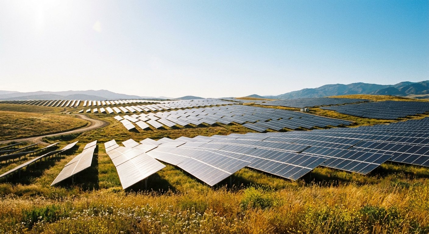 A vast field of modern solar panels under a clear blue sky, bright natural lighting, eco-friendly energy concept, rich landscape, no text