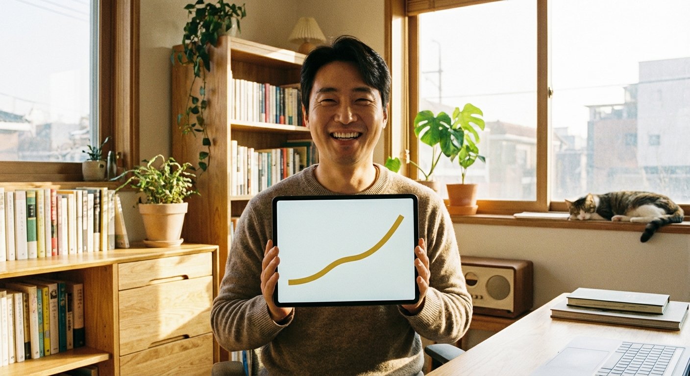 A lifestyle image of a Korean man smiling while looking at a tablet showing a steadily rising golden curve, cozy home office, warm natural sunlight, no text
