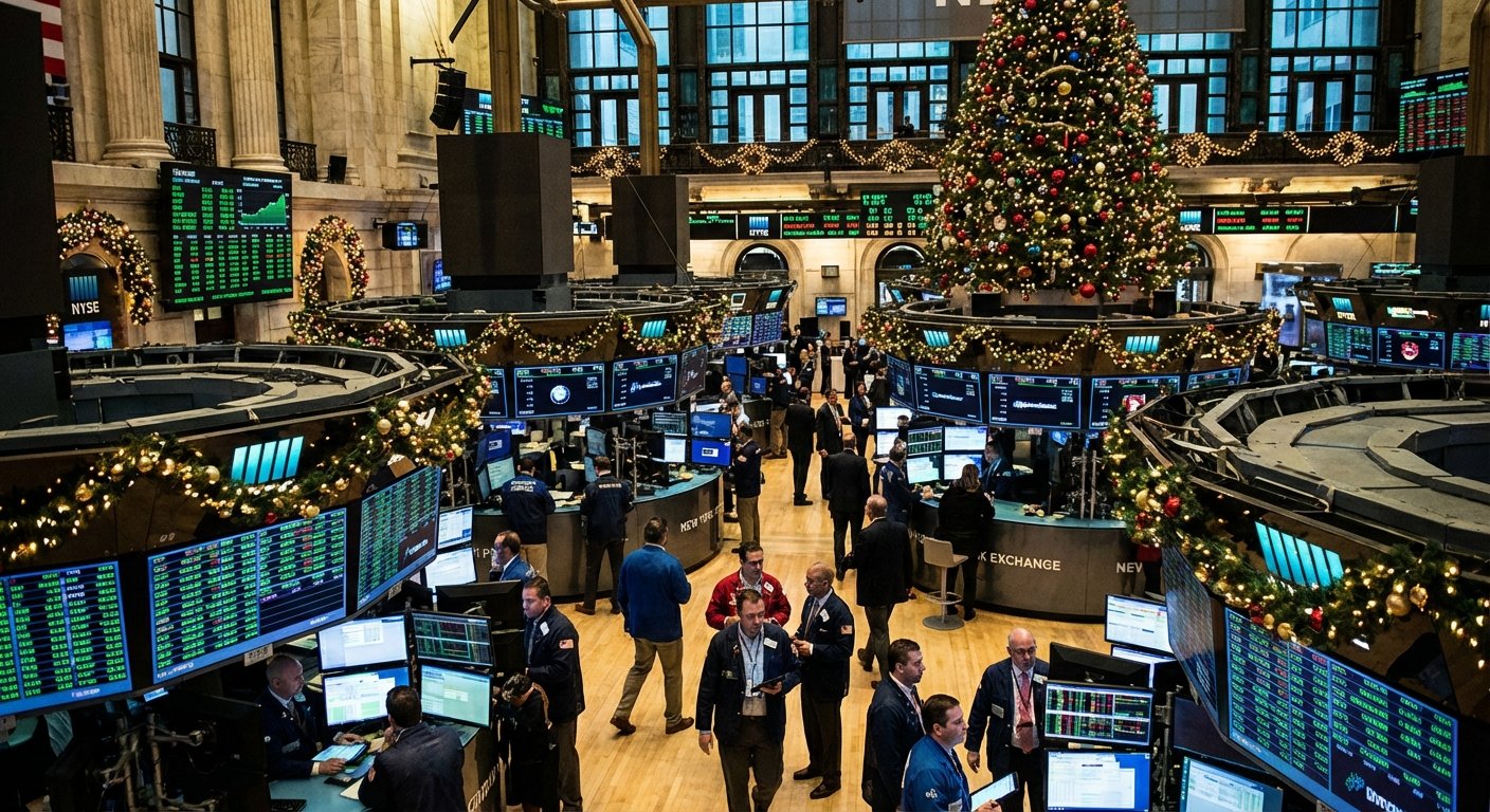 A bustling New York Stock Exchange floor with festive holiday decorations, glowing green stock tickers on screens, warm holiday lighting, high contrast, modern layout, no text