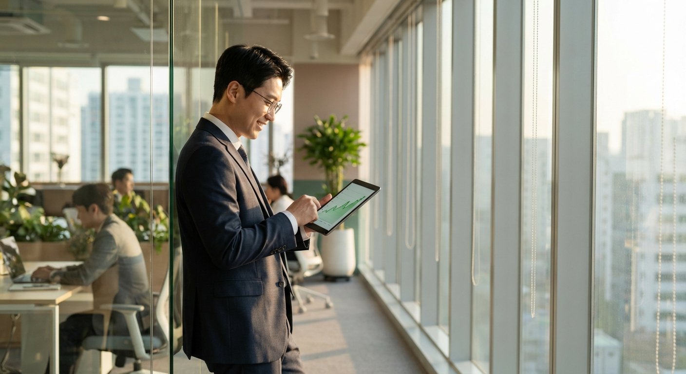 A Korean businessman in a modern office looking at a tablet showing a rising stock graph, natural sunlight through window, professional atmosphere, lifestyle photography, no text