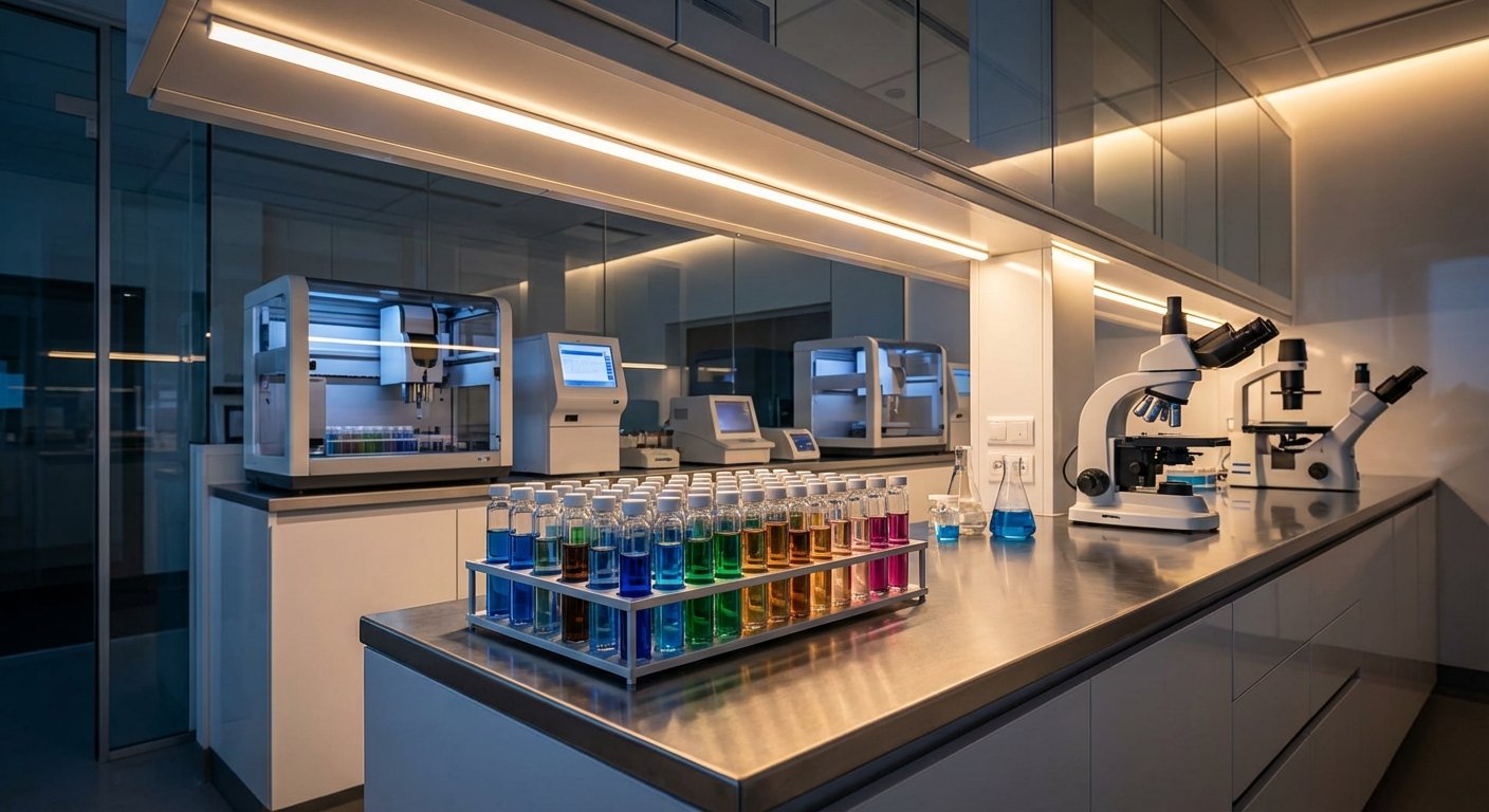 A clean high-tech laboratory with colorful medicine vials on a counter, professional equipment, soft lighting, scientific atmosphere, high contrast, no text