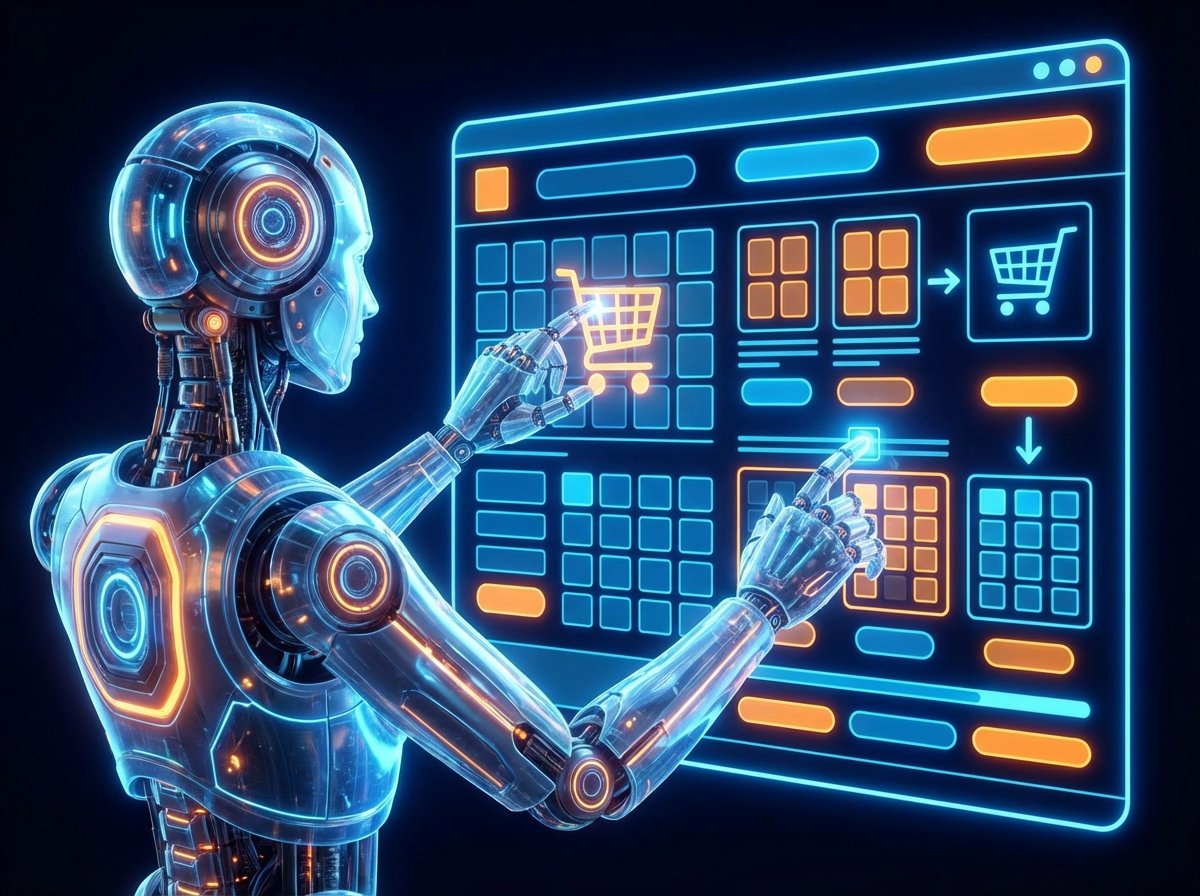 A digital representation of an AI robot agent interacting with an e-commerce website interface, high contrast modern layout, blue and orange color scheme, no text, 4:3