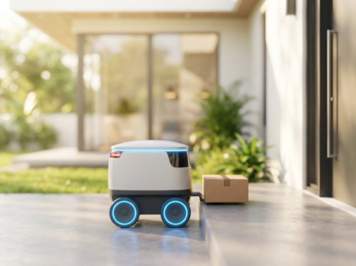 A visual metaphor of agentic commerce showing a package being delivered automatically, soft focus background of a modern home, bright and balanced lighting, no text, 4:3