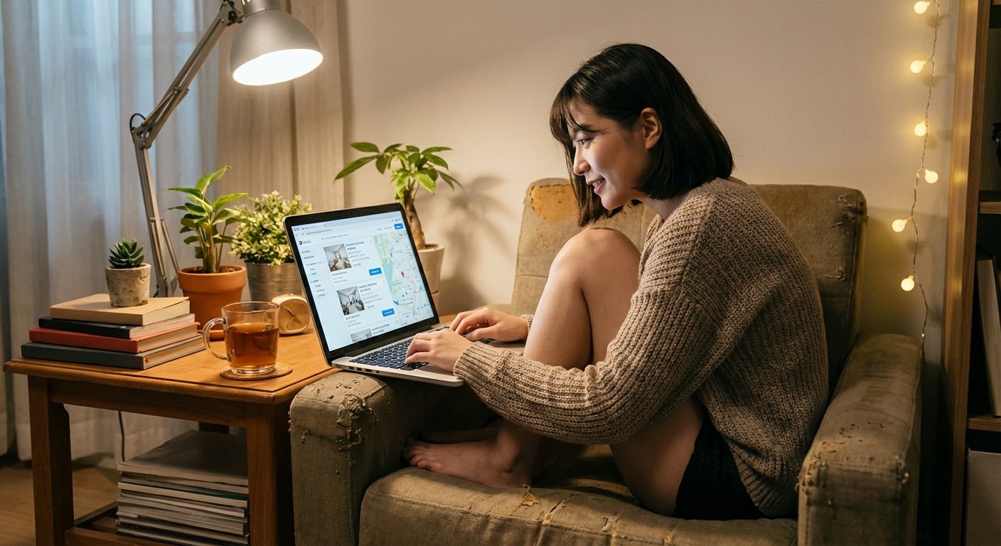 A young Korean person looking at a laptop with housing listings, cozy but small apartment background, warm interior lighting, detailed composition, colored background, no text