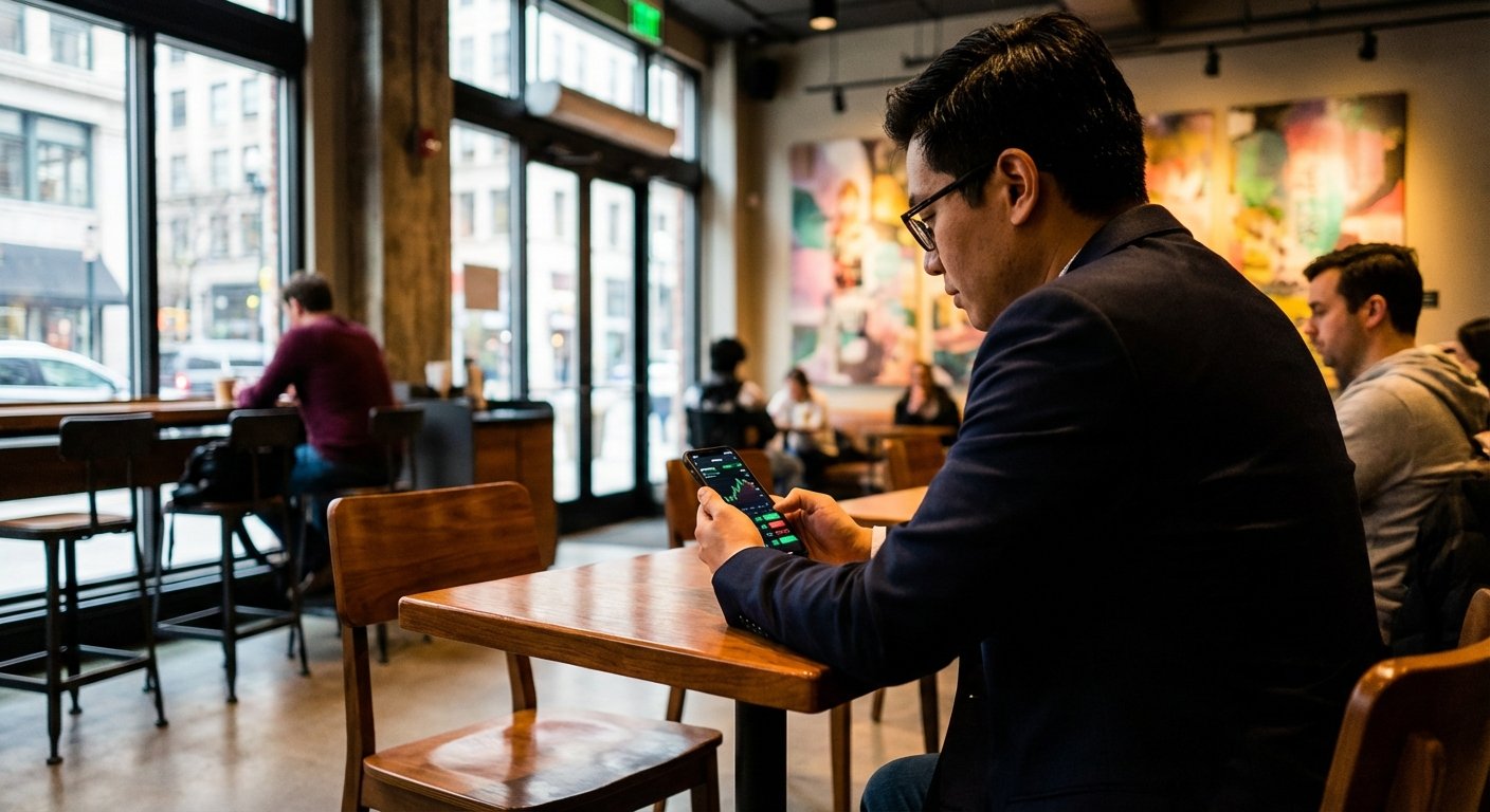 A professional person checking financial news on a smartphone, urban cafe setting, modern layout, high contrast, colored background, no text