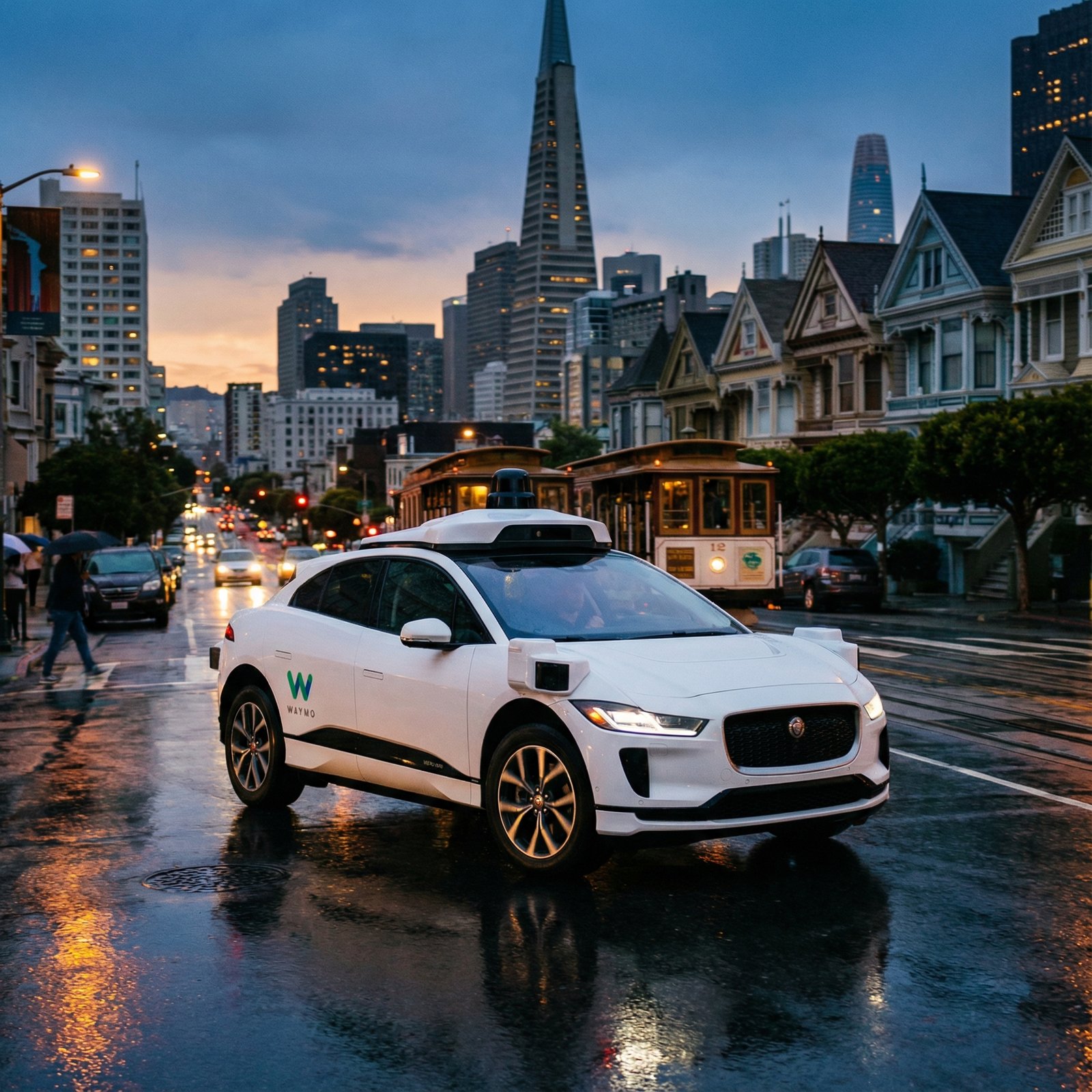 A white Waymo autonomous vehicle driving on a rainy San Francisco street at dusk, city lights reflecting on wet pavement, modern transportation scene, rich colors, lifestyle photography, 1:1