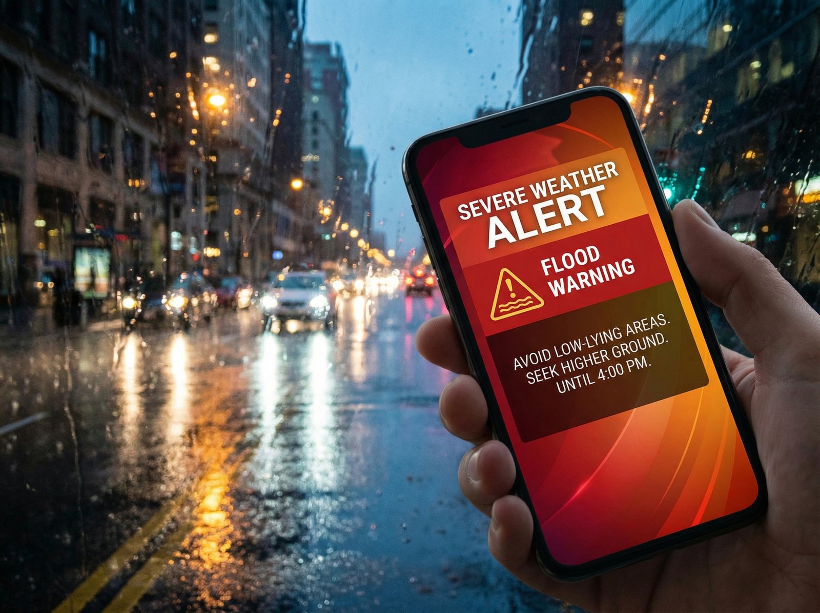 A smartphone displaying a severe weather flood alert in the foreground, blurred rainy city street in the background, high contrast, modern layout, clean infographic style, 4:3