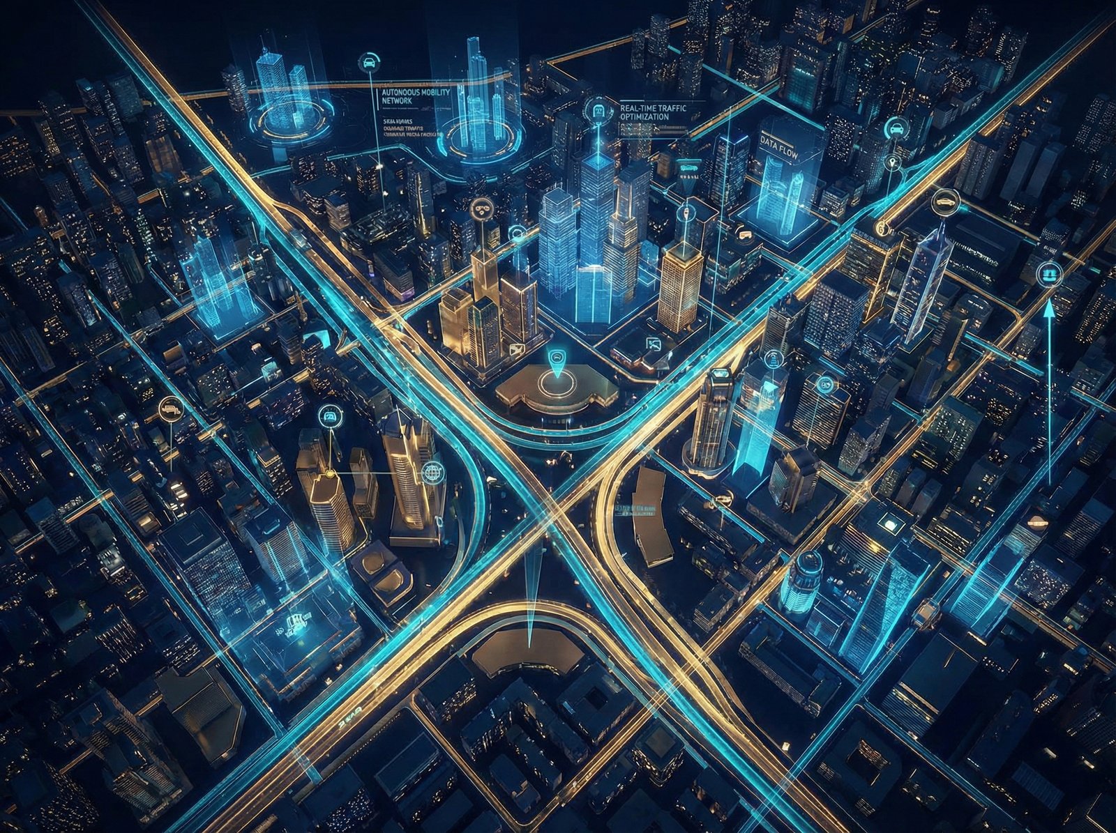 A futuristic city map showing autonomous vehicle routes, glowing lines and data points, vibrant navy and gold colors, professional technology layout, 4:3
