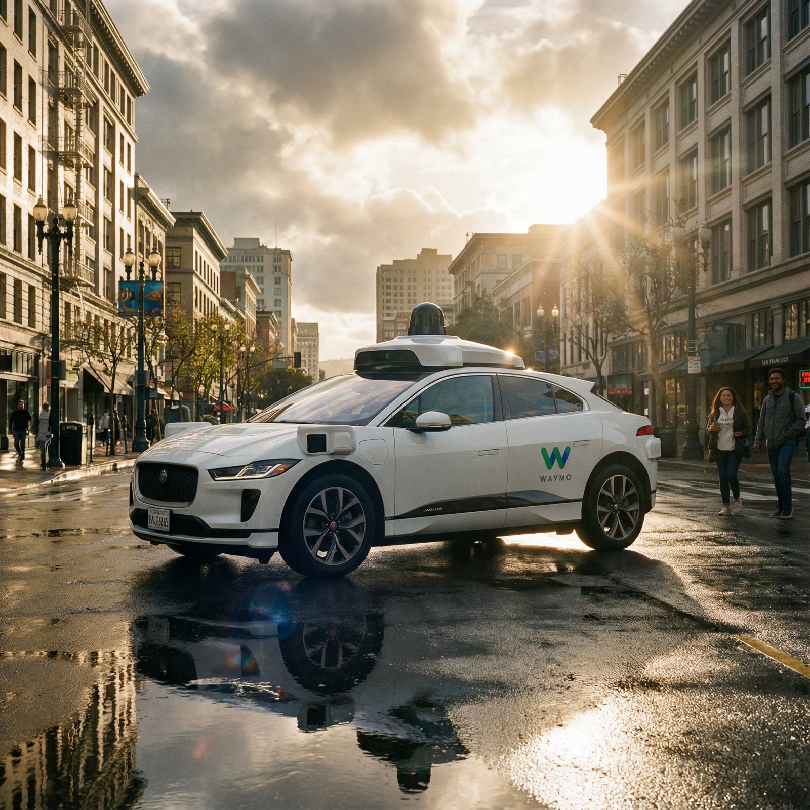 A Waymo robotaxi parked safely on a clean city street after rain, sunlight breaking through clouds, optimistic atmosphere, cinematic lighting, 1:1