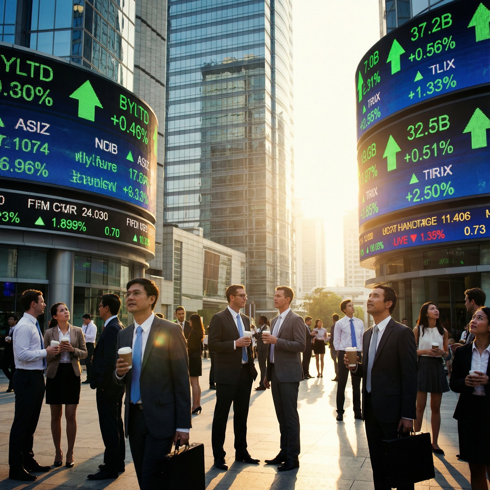 A vibrant Asian financial market scene with digital stock tickers showing green upward arrows, professional atmosphere, modern office building background, warm morning sunlight, lifestyle photography, high contrast, 1:1