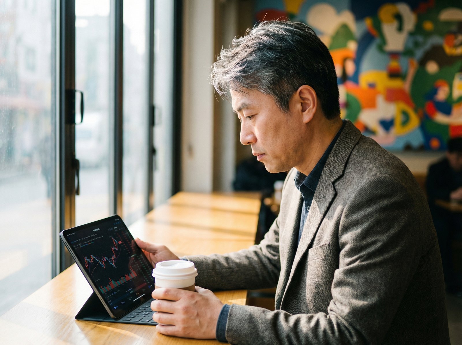 A Korean investor looking at a tablet with stock market charts in a modern cafe, soft morning light, focused expression, realistic lifestyle photography, colored background, 4:3
