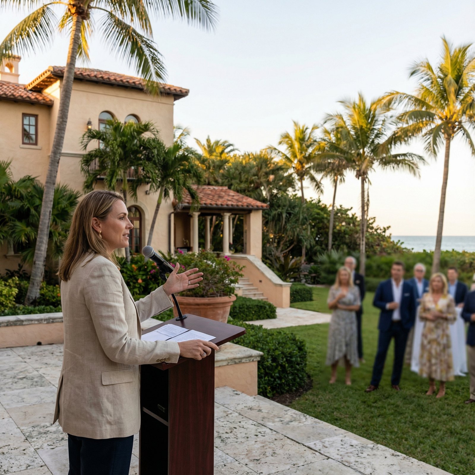 A professional depiction of a leader giving a statement at a Florida estate, warm lighting, sophisticated environment, lifestyle photography style, no text, 1:1