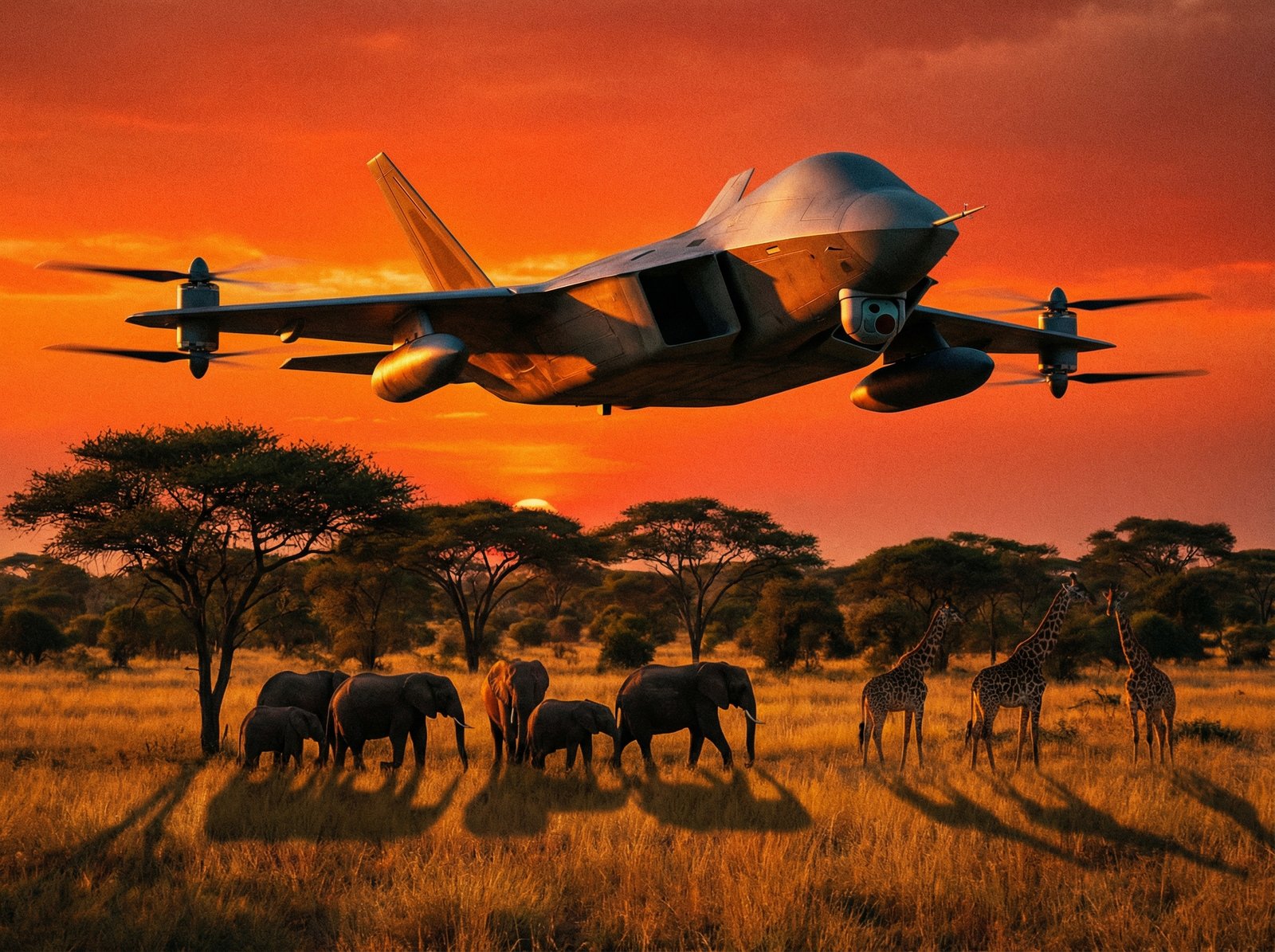A modern military drone flying over the African savannah at sunset, warm orange sky, detailed composition, high contrast, no text, 4:3