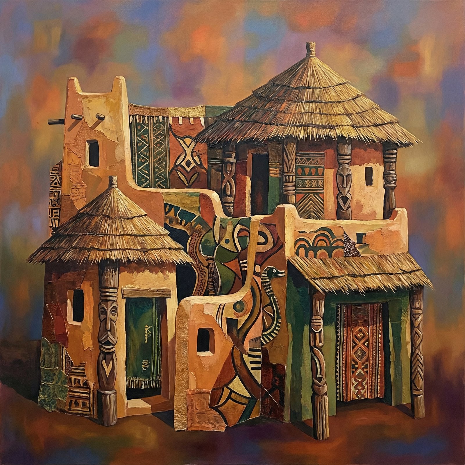 An artistic rendering showing a blend of cultural architecture in Nigeria, earthy tones, rich textures, symbolic of unity, colored background, no text, 1:1
