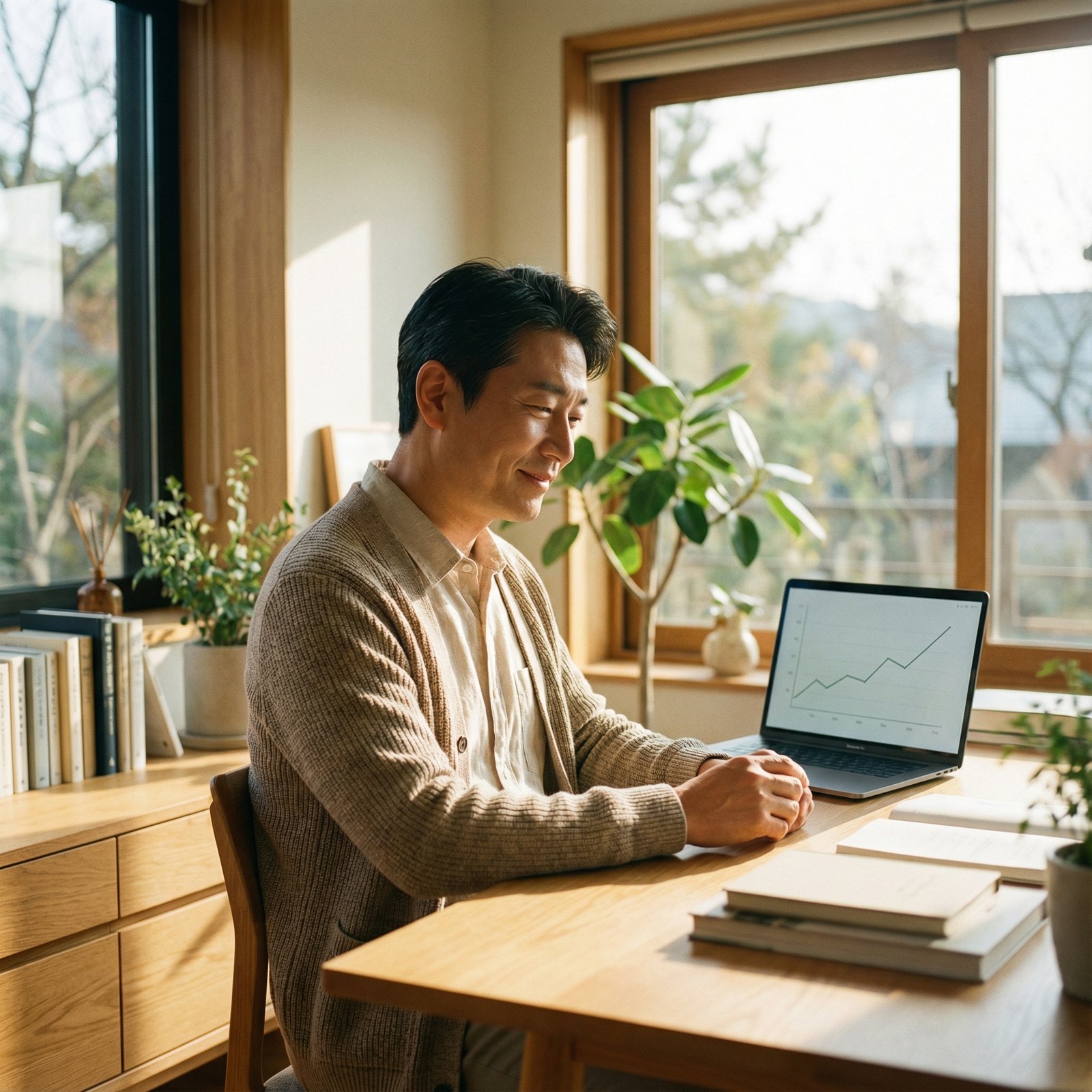 A calm Korean investor sitting in a sunlit modern study, looking at a minimalist laptop screen, serene expression, warm and natural lighting, lifestyle photography, 1:1