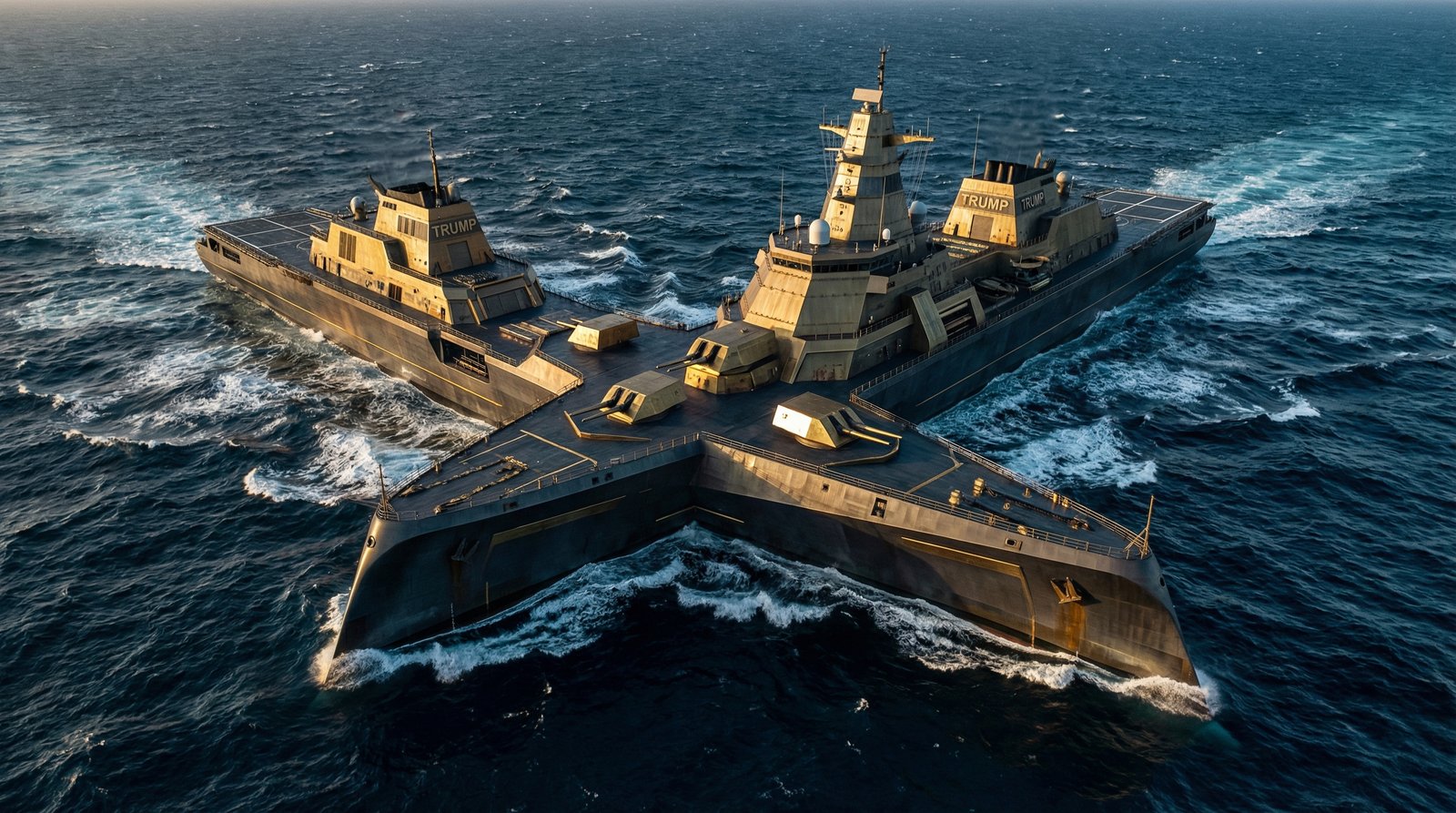 A futuristic massive battleship with Trump-class design elements sailing on a deep blue ocean, cinematic lighting, dramatic waves, high contrast, professional photography, 16:9 aspect ratio, no text