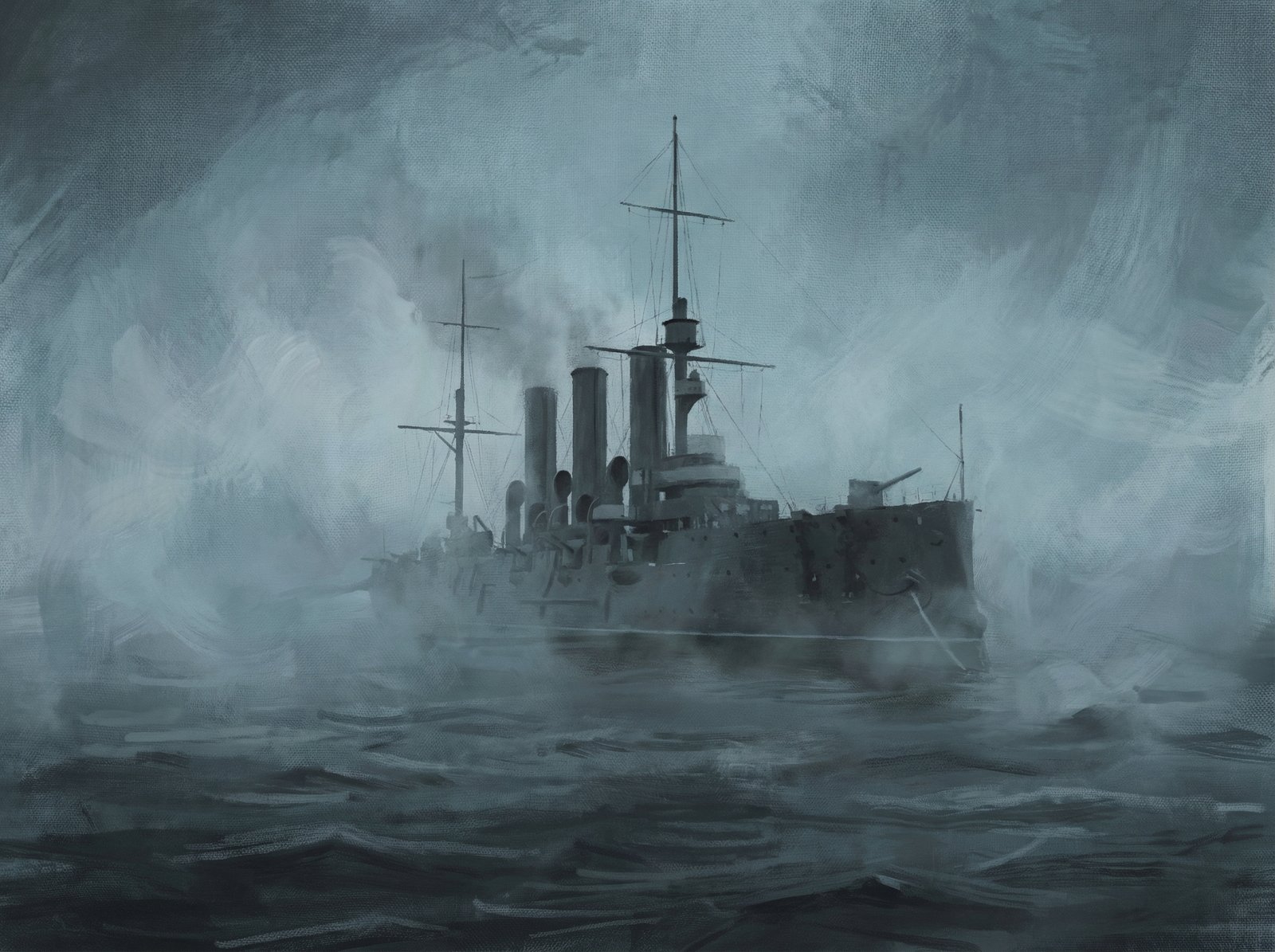 A mysterious scene of a large naval vessel sailing through thick morning mist, moody atmosphere, cool blue and grey tones, artistic rendering, textured background, 4:3 aspect ratio, no text