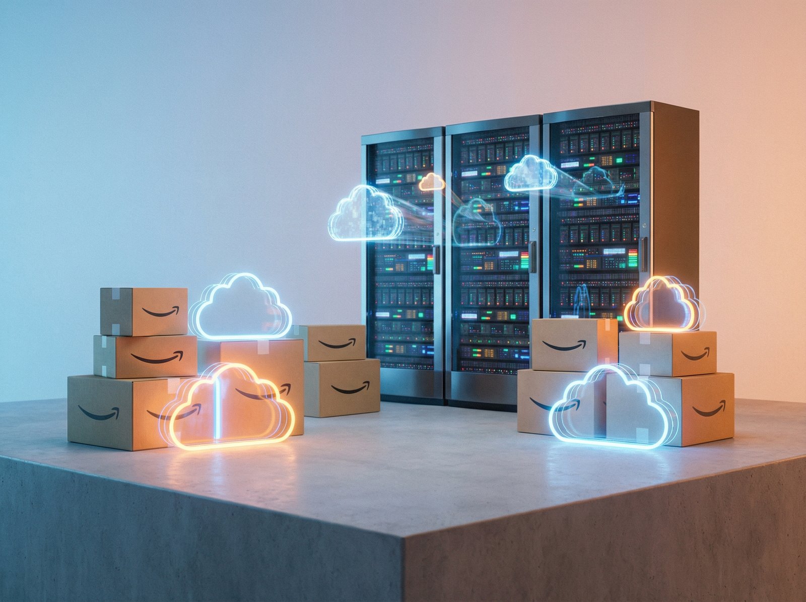 A modern scene showing Amazon delivery boxes and digital cloud symbols, high tech atmosphere, soft glowing blue and orange lighting, clean composition, no text, 4:3