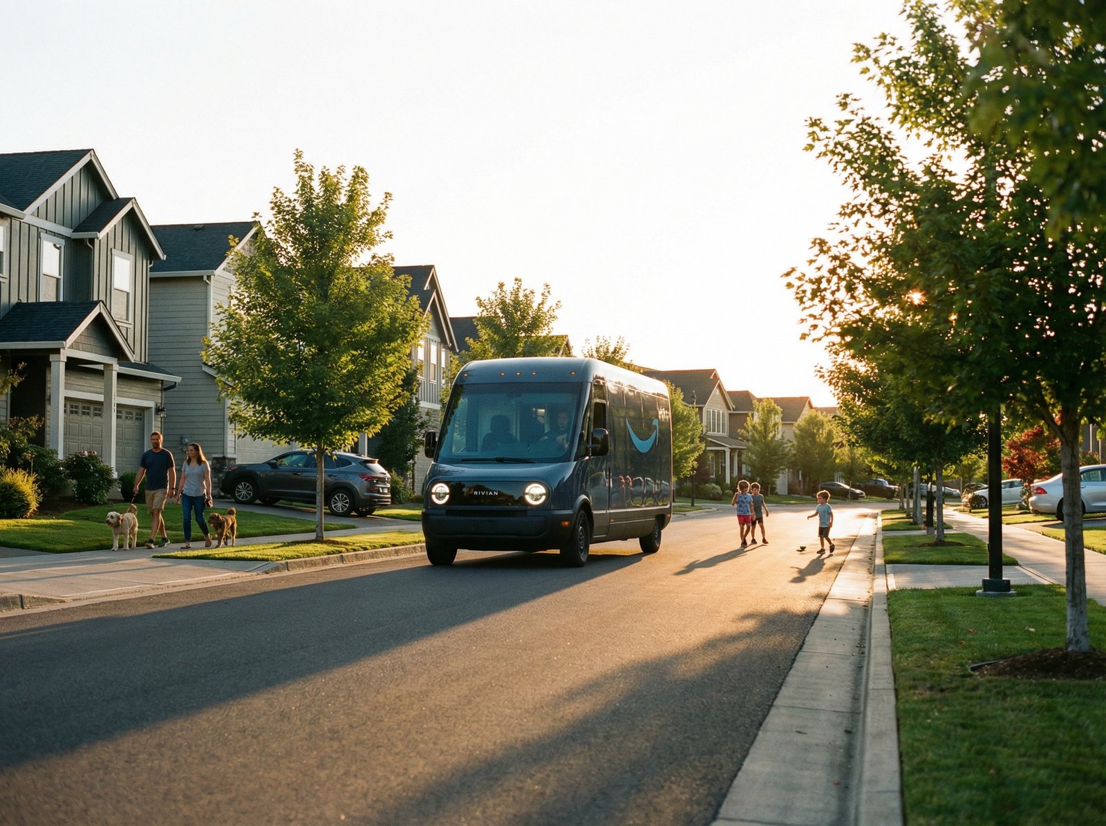 An Amazon delivery van driving through a modern suburban neighborhood at golden hour, lifestyle photography, natural lighting, high contrast, no text, 4:3