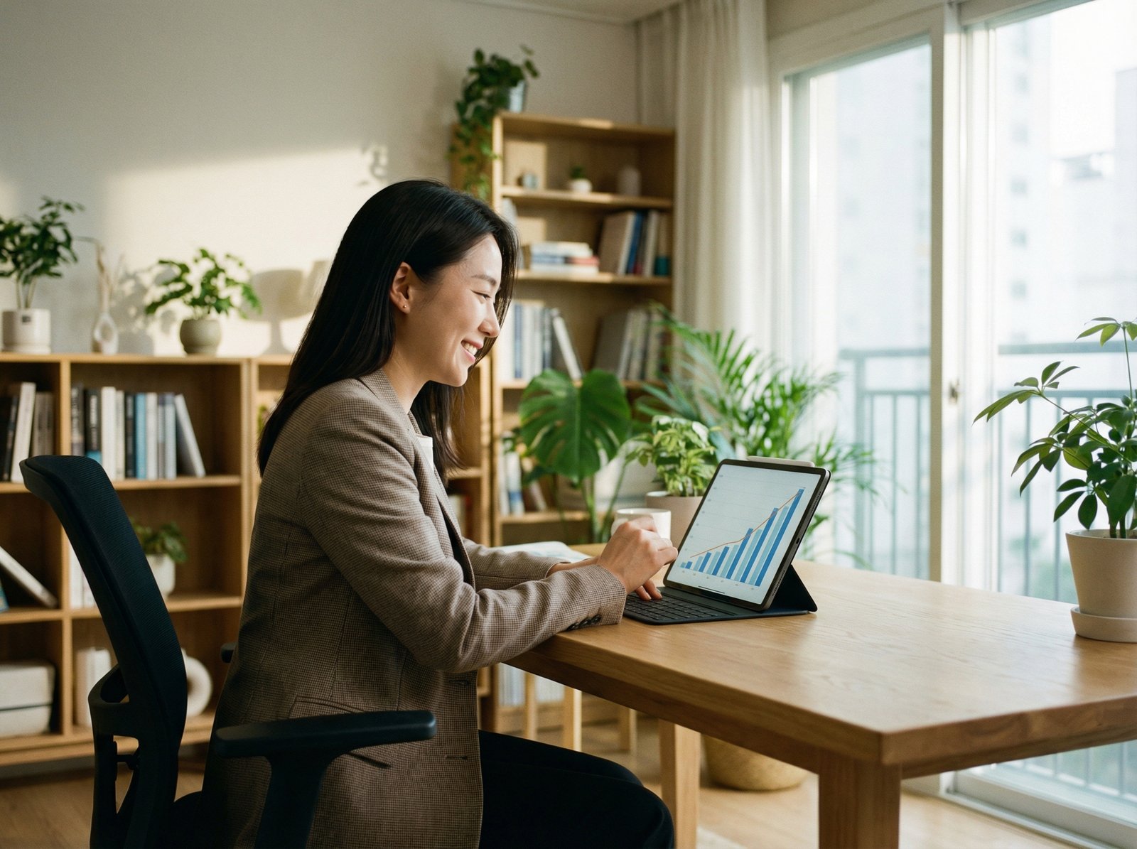 A professional person looking at a digital tablet with a rising trend visual, modern home office setting, warm and optimistic mood, Korean appearance, no text, 4:3