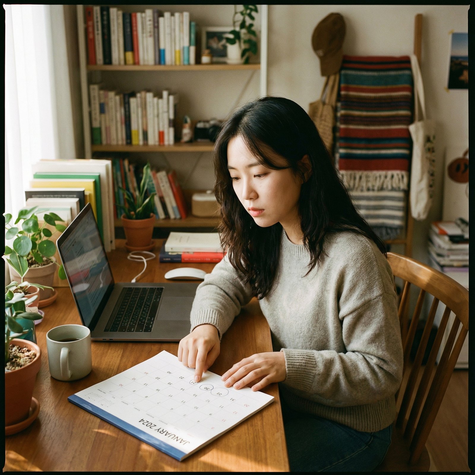 A Korean person sitting at a desk with a laptop and a paper calendar, pointing at dates in late January, warm home interior, lifestyle photography, focused expression, rich background detail, 1:1