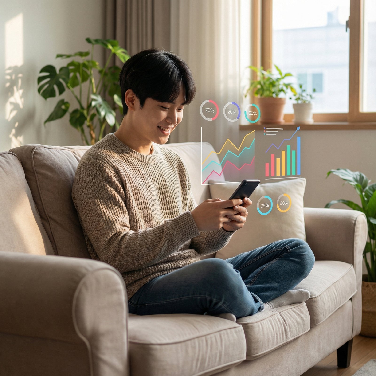 A young Korean person looking at a smartphone screen displaying financial graphs and charts, comfortable sofa in the background, clean infographic style, balanced lighting, natural setting, 1:1