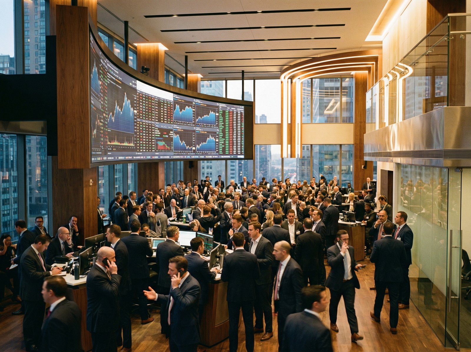 Busy professional atmosphere in a modern New York stock exchange office, large screens with stock charts, warm lighting, realistic photography, no text, 4:3