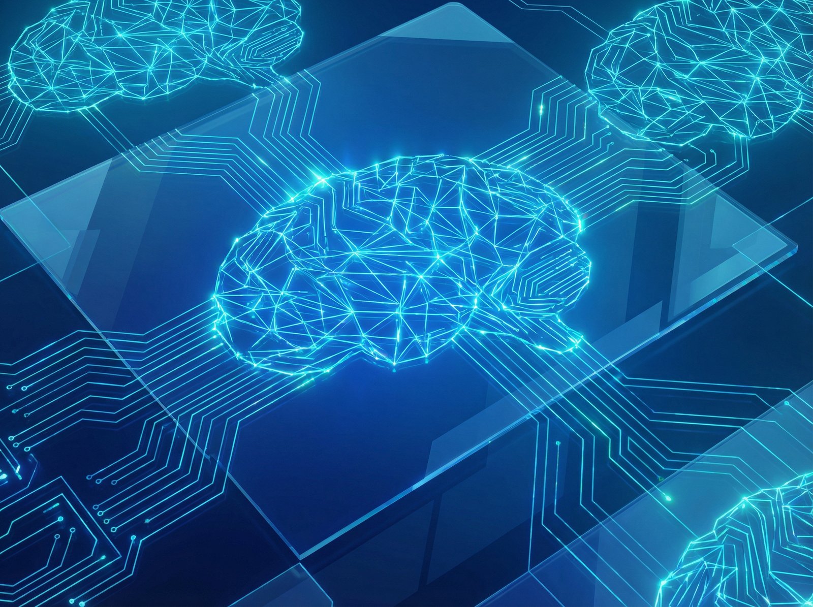 High-tech digital background with glowing lines and neural network patterns, representing AI investment, modern and sleek design, gradient blue background, no text, 4:3