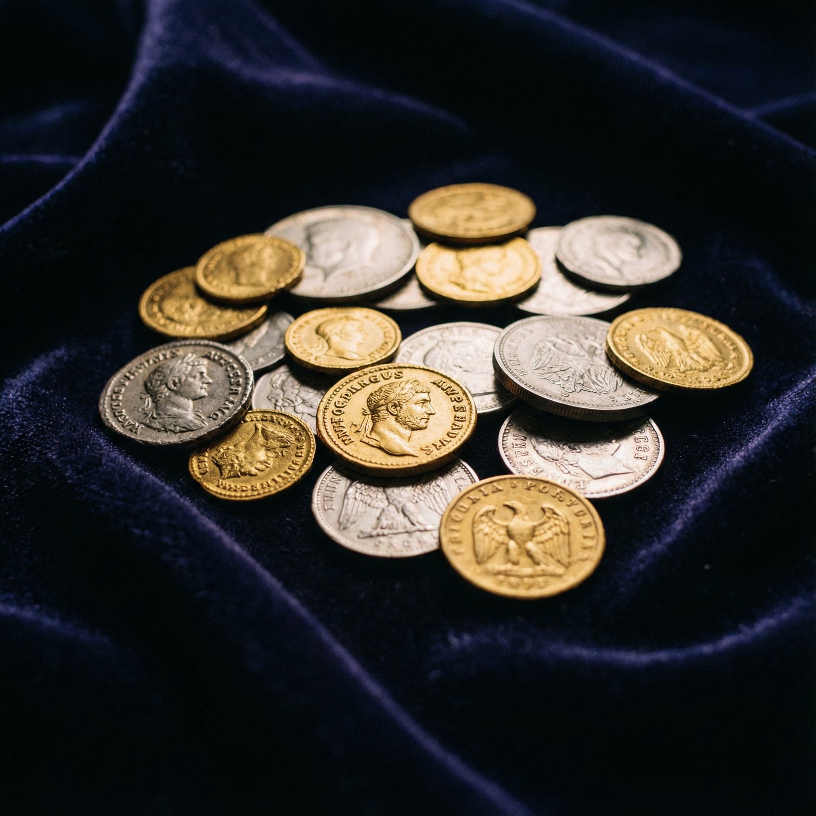 Close up of sparkling gold and silver coins, elegant layout on a deep colored cloth background, cinematic lighting, high contrast, no text, 1:1