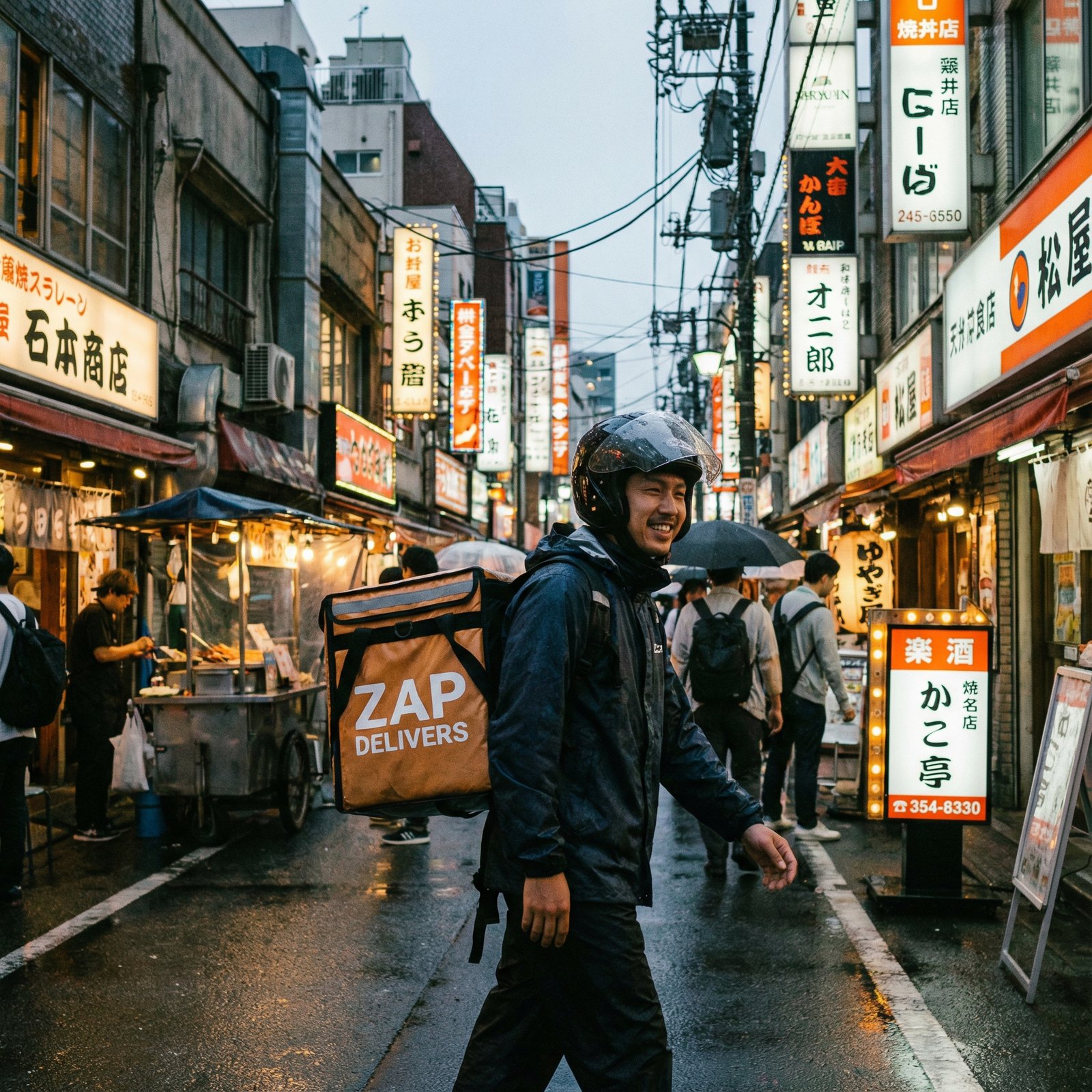 A professional delivery rider carrying a food bag walking through a vibrant city street, evening atmosphere, neon lights, lifestyle photography, 1:1