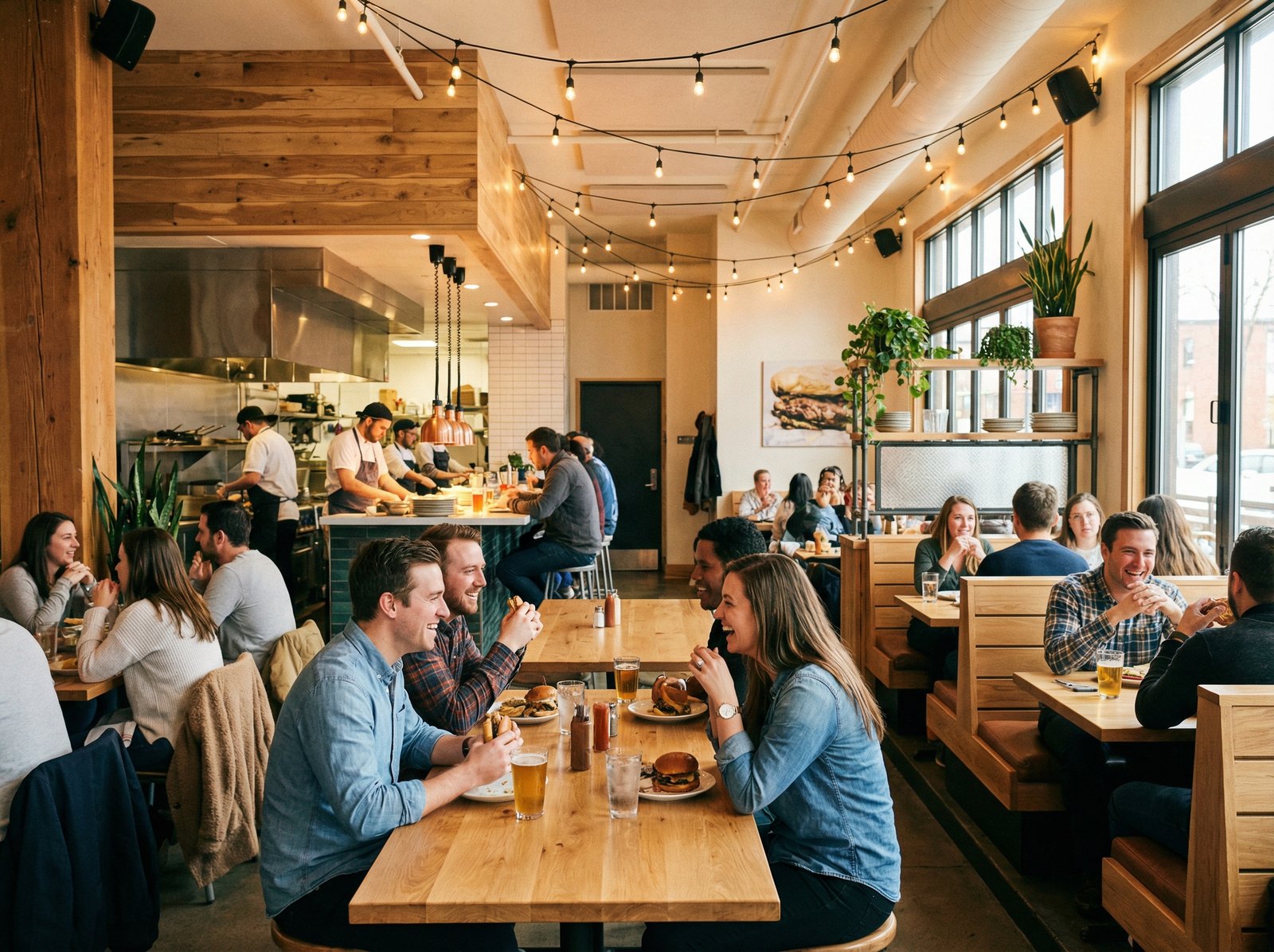 A busy modern burger restaurant interior with people enjoying food, warm lighting, cozy atmosphere, lifestyle photography, no text, 4:3