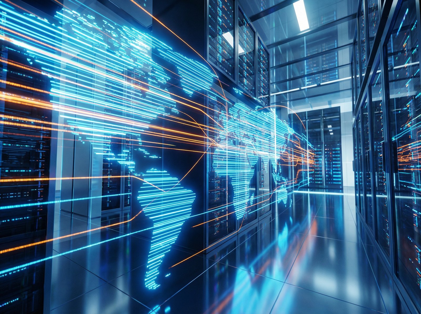 An abstract representation of global financial exchange, glowing data lines, futuristic data center interior, blue and orange lighting, high tech, no text, 4:3