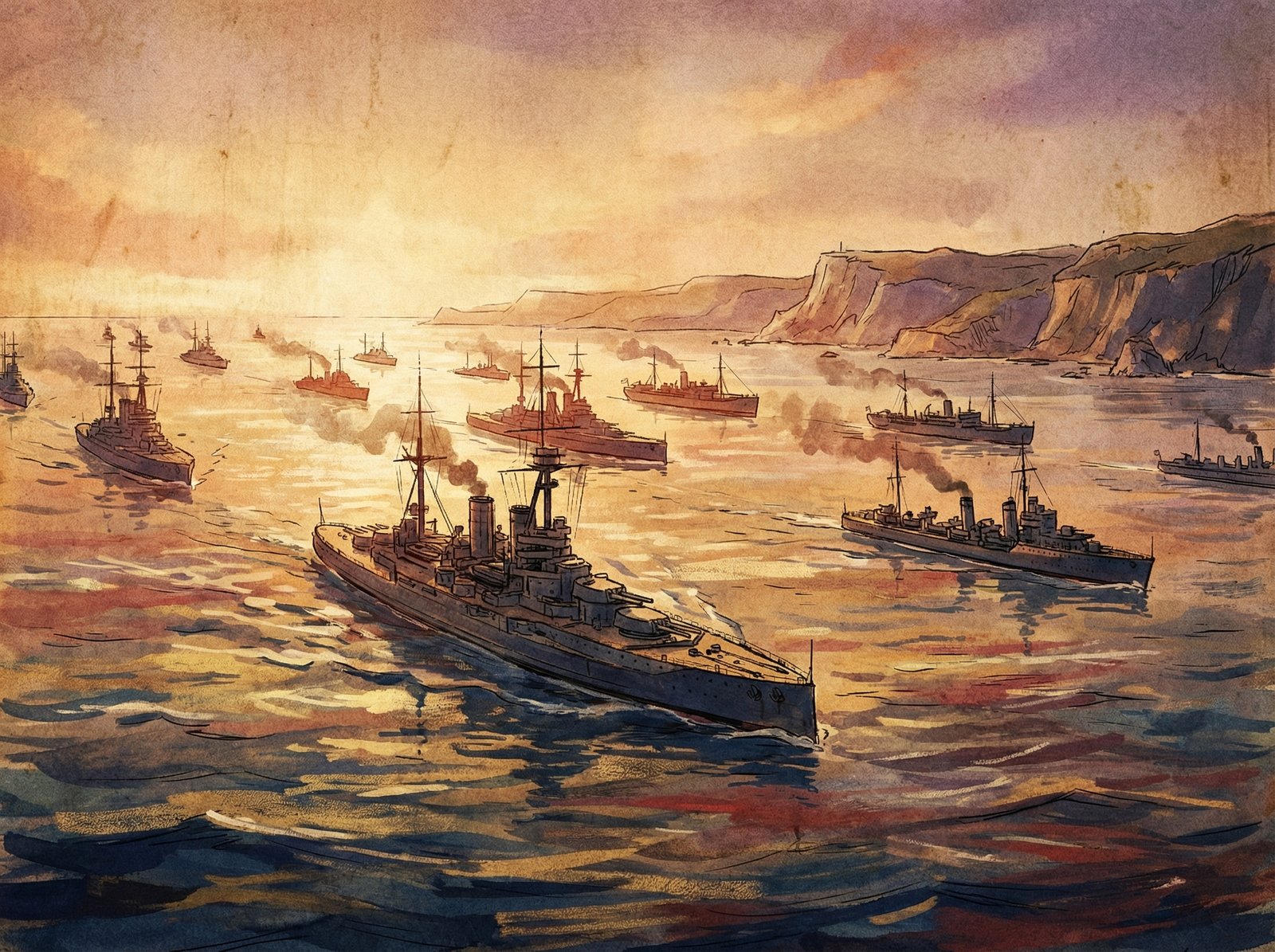 Illustration of a massive British naval fleet approaching the Gallipoli coast during sunset, artistic rendering, textured background, warm lighting, no text, 4:3