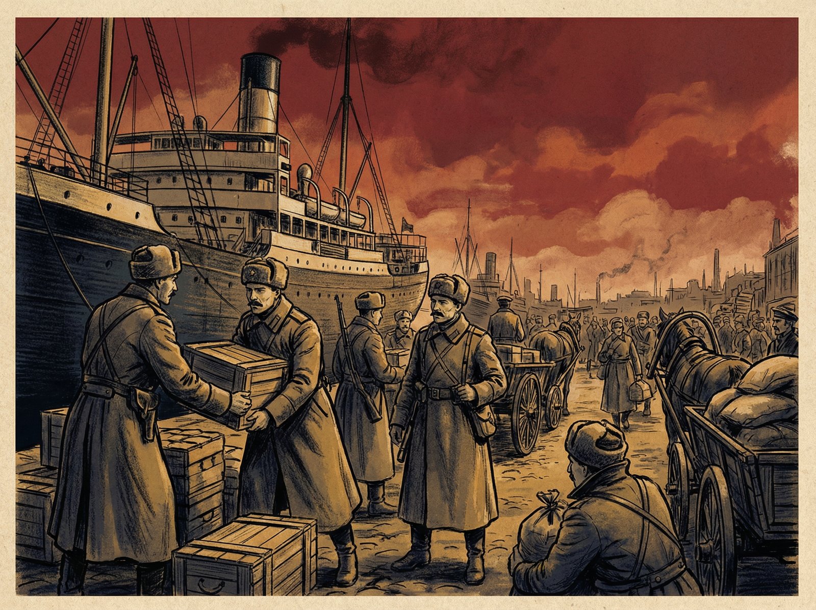 Illustration of early 20th century Russian soldiers receiving supplies at a busy port, artistic rendering, high contrast, colored background, no text, 4:3