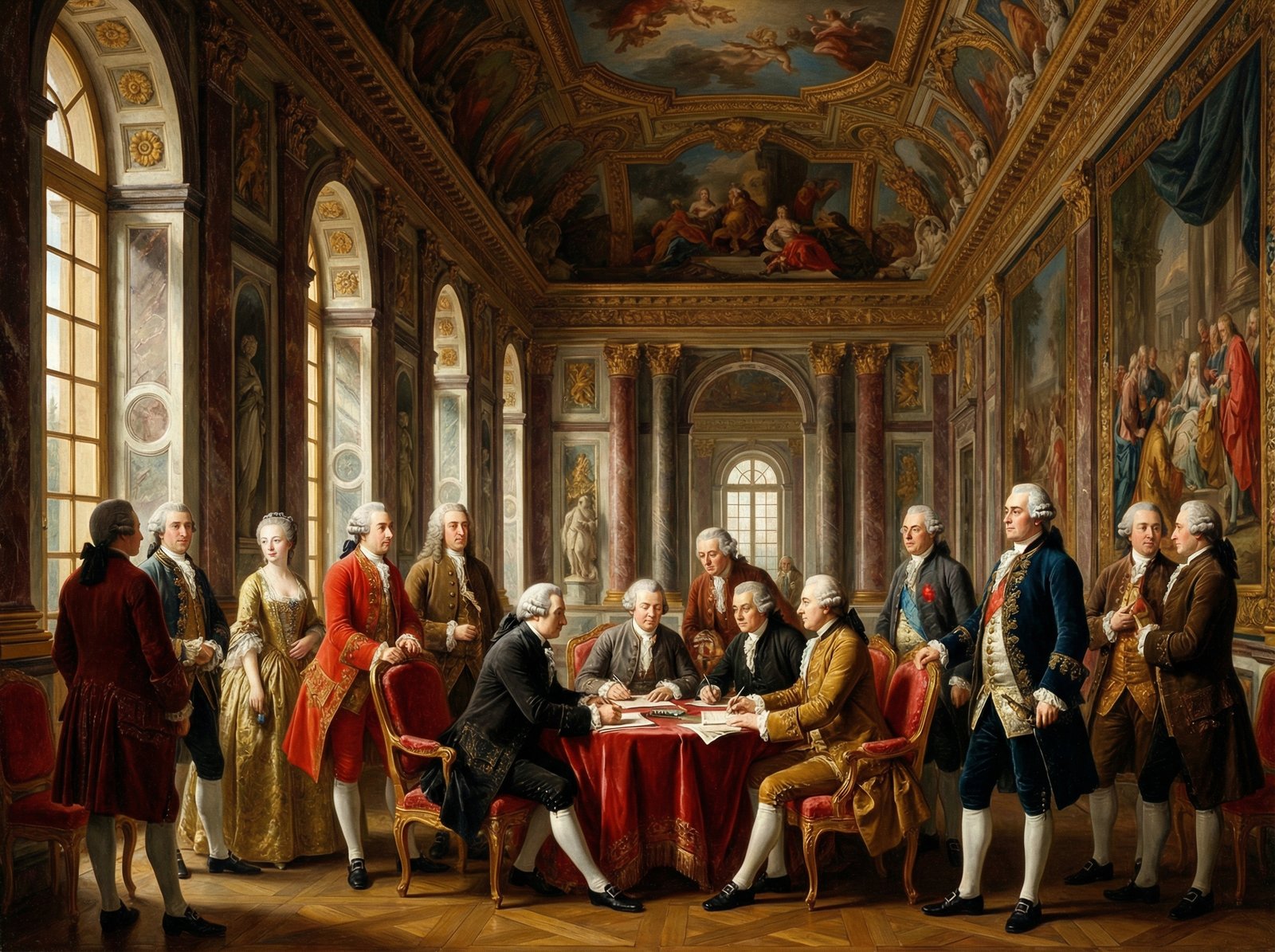 Artistic rendering of diplomats signing a peace treaty in a grand hall, classical architecture background, high contrast, rich colors, no text, 4:3
