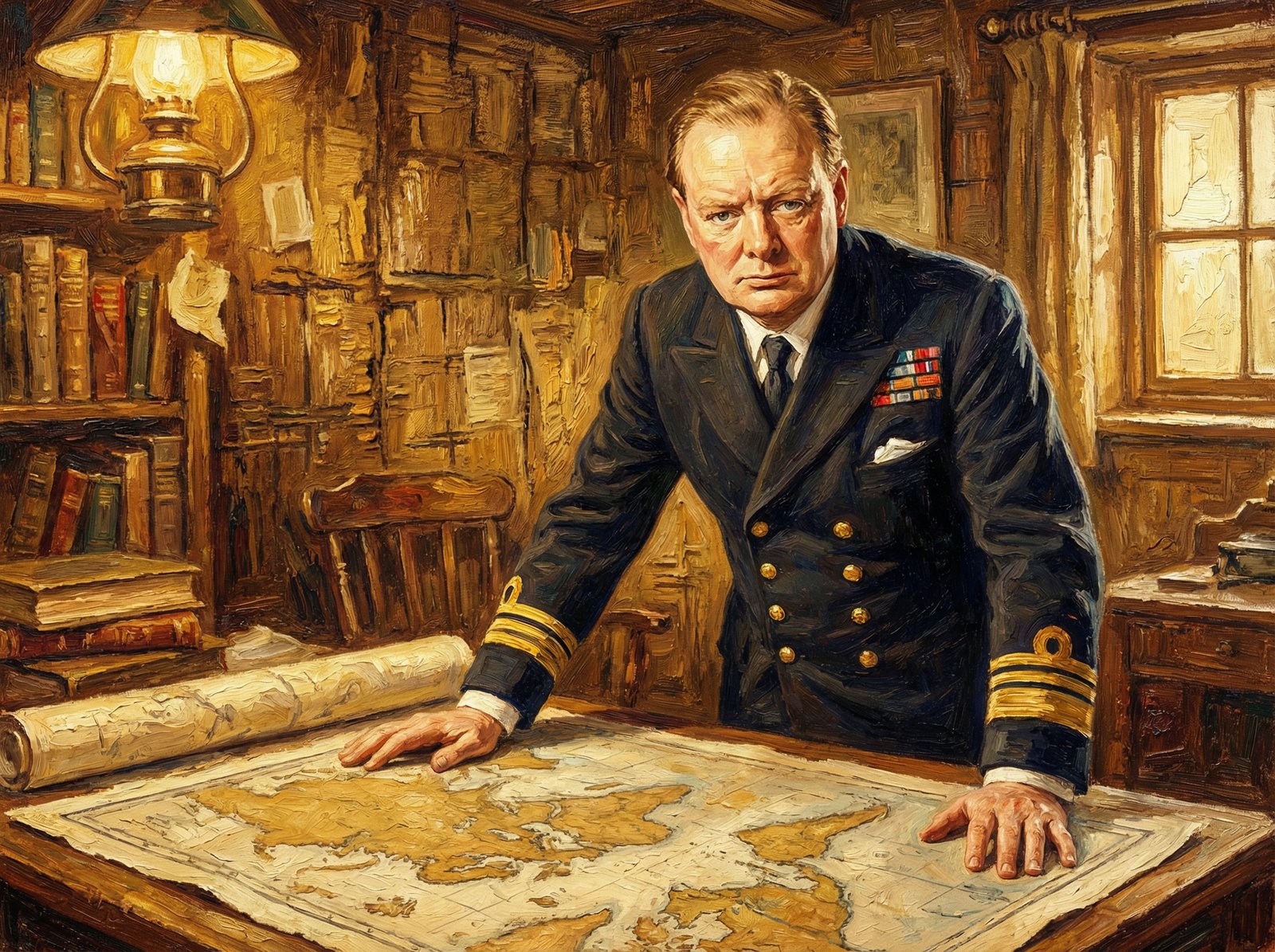Artistic illustration of a young Winston Churchill in naval uniform looking at a map, determined expression, warm lighting, textured background, no text, 4:3