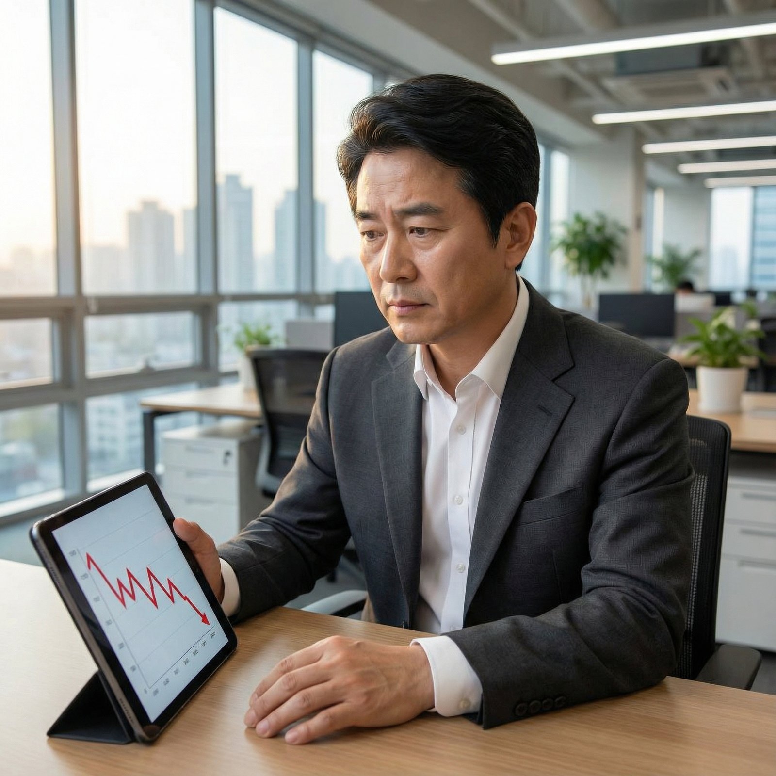 A Korean investor looking at a tablet screen showing a downward red line graph in a modern office, morning light, blurred office background, professional attire, natural expression, aspect ratio 1:1, no text