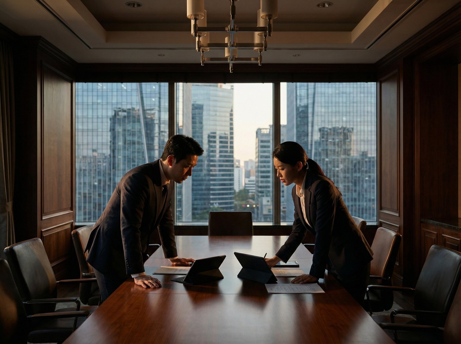 Two Korean business professionals in a high-end boardroom discussing strategy, large windows overlooking a city, serious atmosphere, elegant interior, high contrast, aspect ratio 4:3, no text
