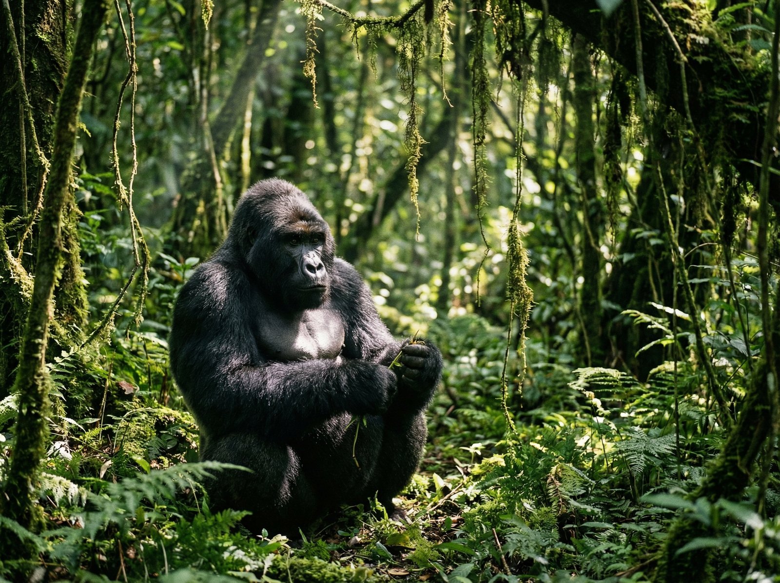 A majestic Eastern Lowland Gorilla sitting peacefully in a dense tropical rainforest of Congo, sunlight filtering through the canopy, lush green foliage, cinematic lighting, photography, 4:3