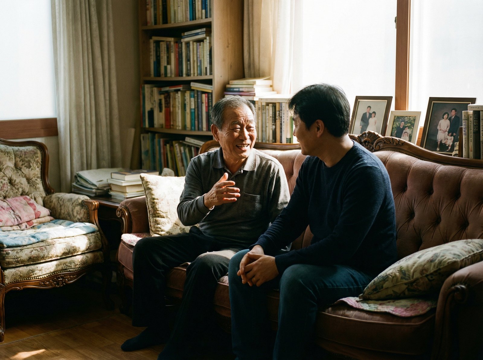 A warm scene of a 79-year-old Korean man sharing wisdom with his adult son in a cozy living room, soft sunlight, high contrast, lifestyle photography, no text, 4:3